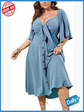 Plus Size Boho Midi Dress Short Sleeve V Neck Smocked Button Down Flowy A-Line